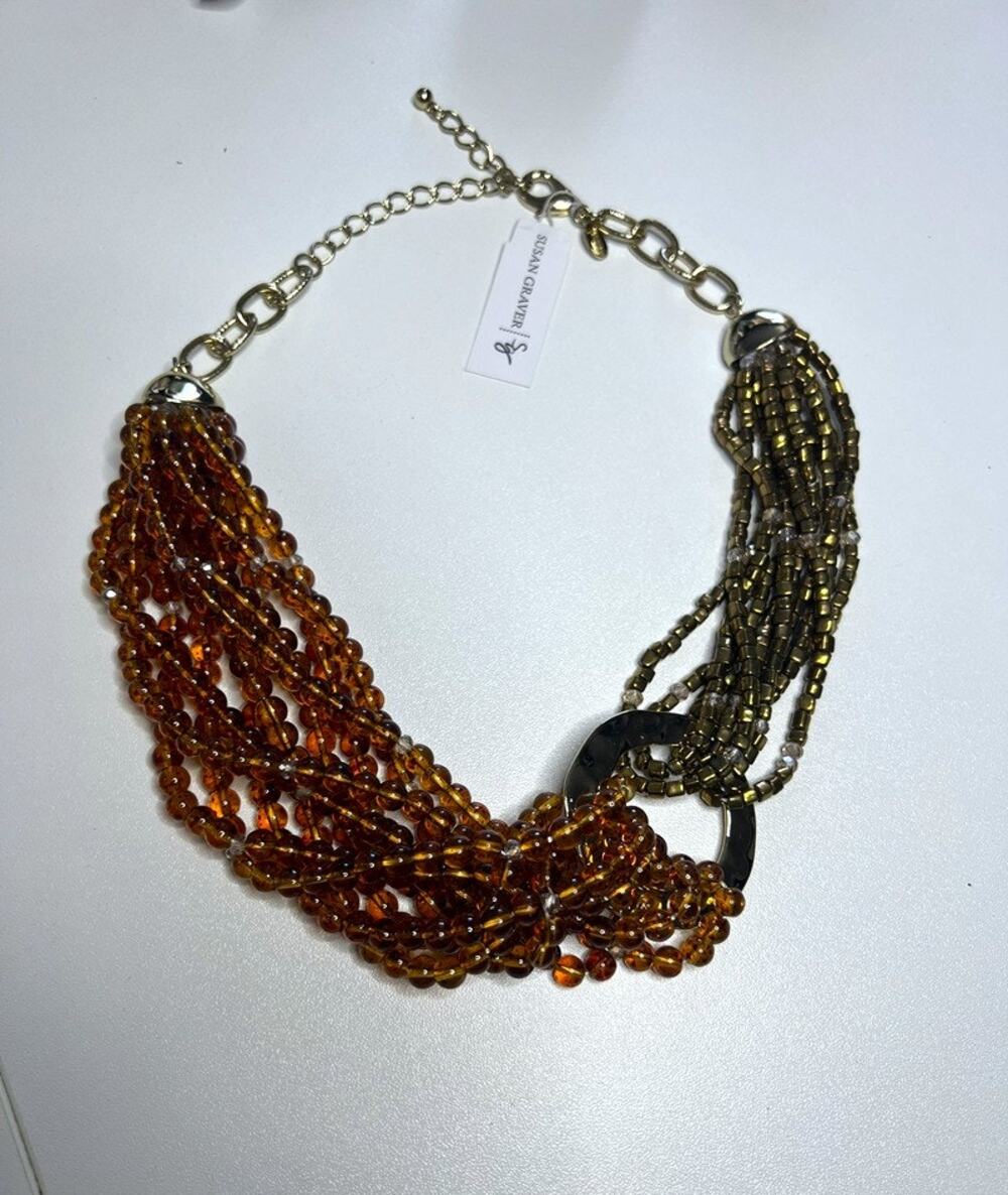 SUSAN GRAVER ADJUSTABLE BROWN & GOLD MULTI-STONES BEADED NECKLACE NWT